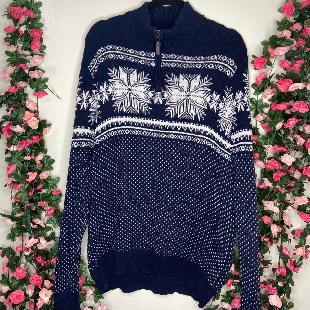 Aspen Men’s Nordic Fair Isle Navy Blue 1/4 Zip Pullover Sweater Mens Snow L